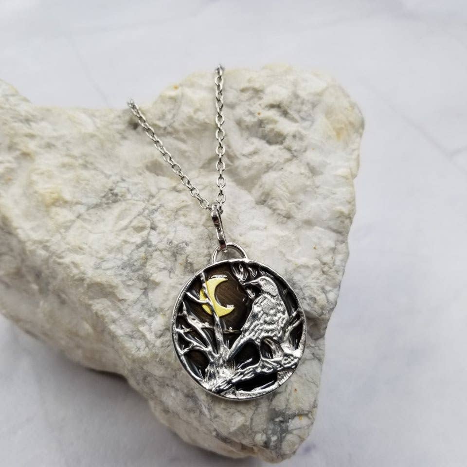 Goth Raven and Crescent Moon Pendant Necklace