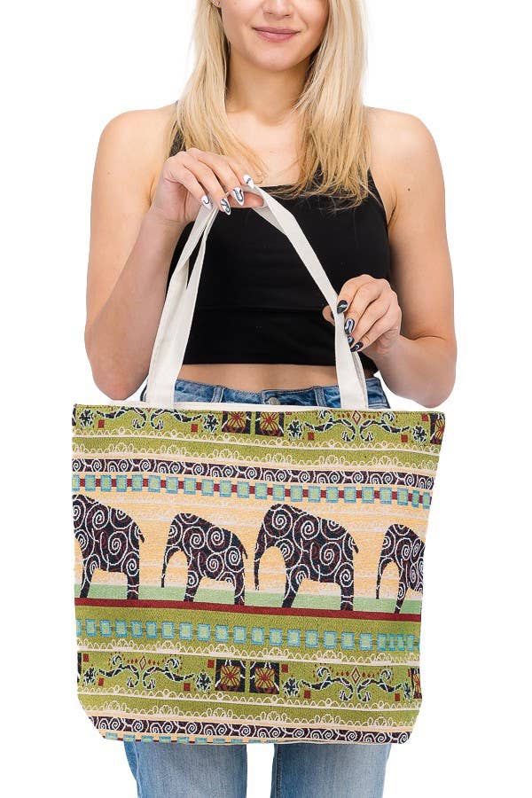 Boho Scenic Ethnic Lucky Elephant Woven Novelty Canvas Tote