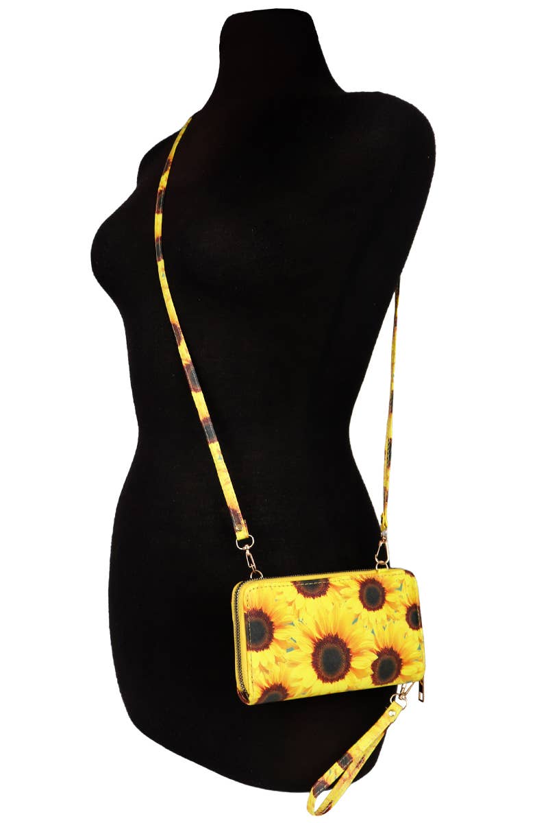 Sunflower Single Zipper Crossbody Strap Continental Wallet