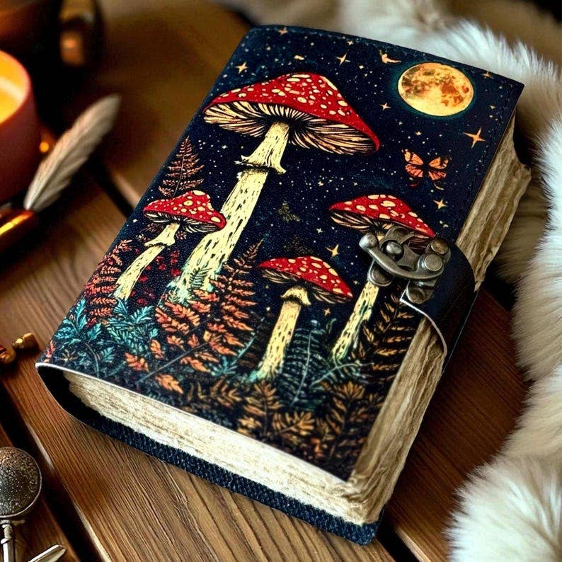 Leather Journal Grimoire Vintage Mushroom Notebook Handmade