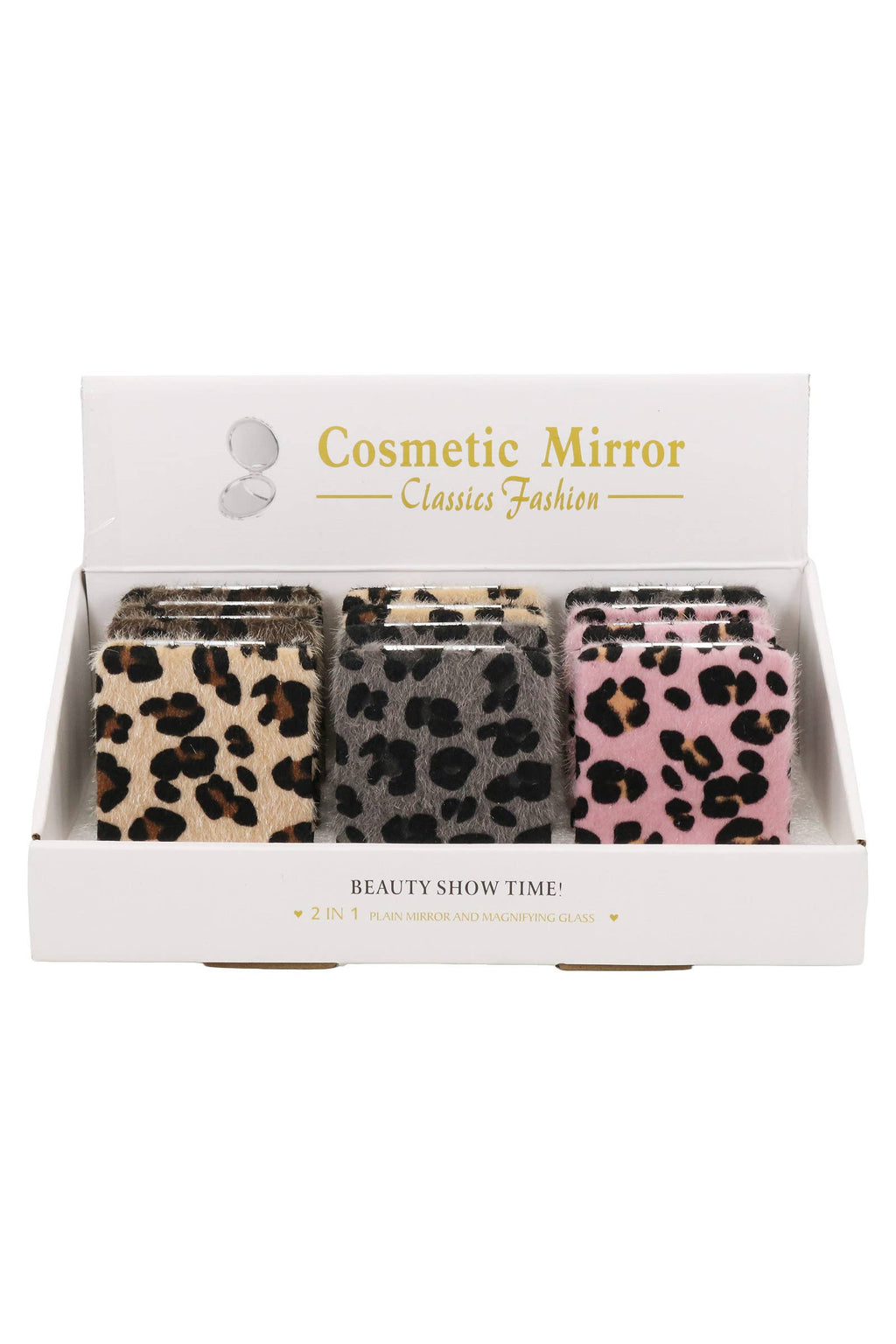 Leopard Print Fuzzy Faux Fur Compact Mirror - 12 Pcs