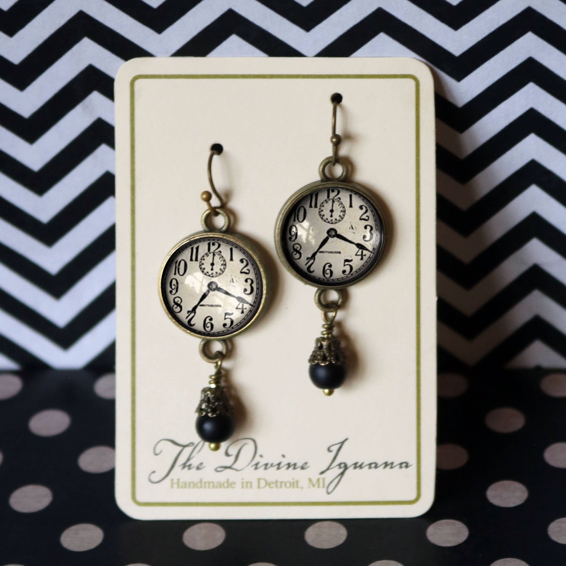 Edwardian Clock Steampunk Glass Cabochon and Bronze Earrings