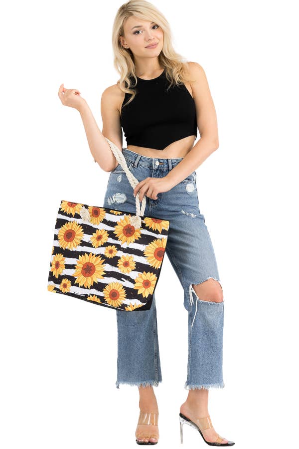 Sunflower Floral Print Striped Rope Handled Cotton Tote Bag