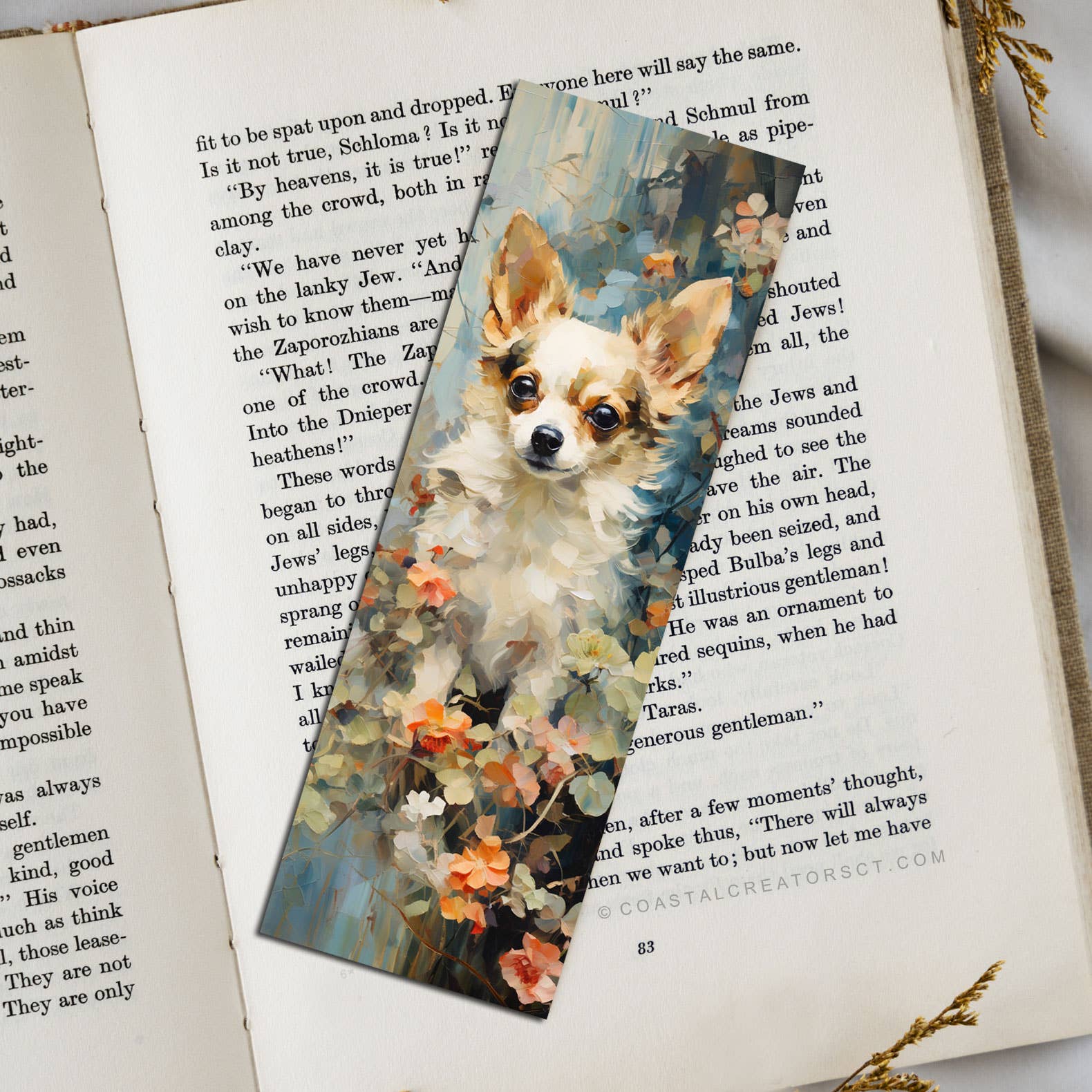 Chihuahua Dog with Flowers 2"x6" Glossy Laminated Bookmark