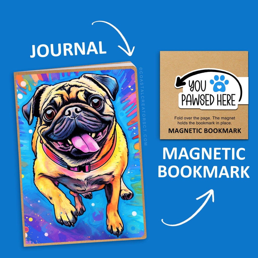 Pug Dog Journal w/ Pawsed Magnetic Bookmark Set (Packaged)