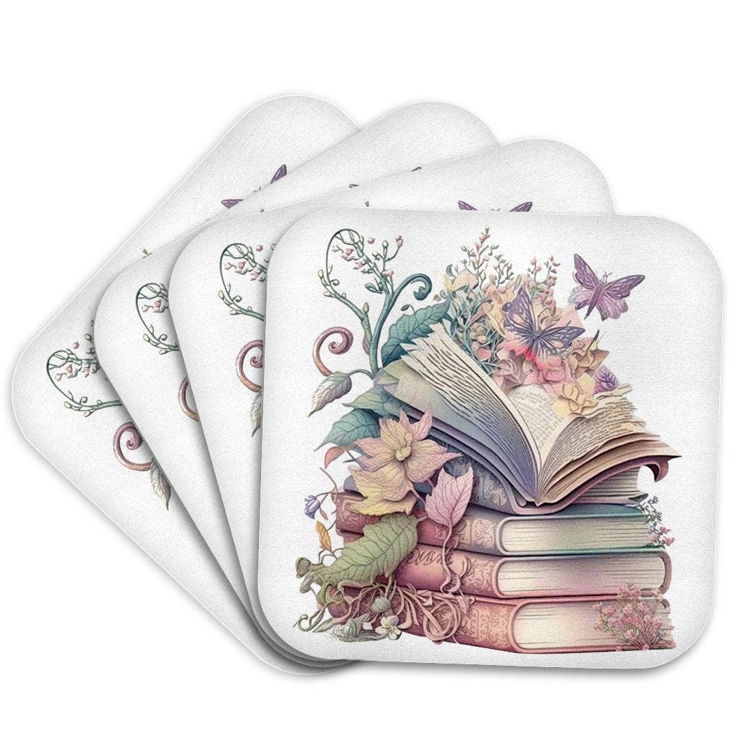 Pretty Floral Stack Of Books Illustration, Soft Coaster