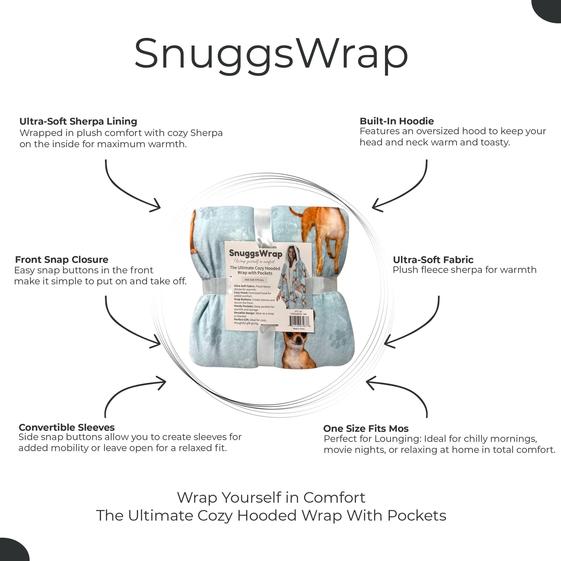 Chihuahua Snugg Wraps with Hoodie – Ultra Soft Sherpa Fleece Wrap for Pet Lovers
