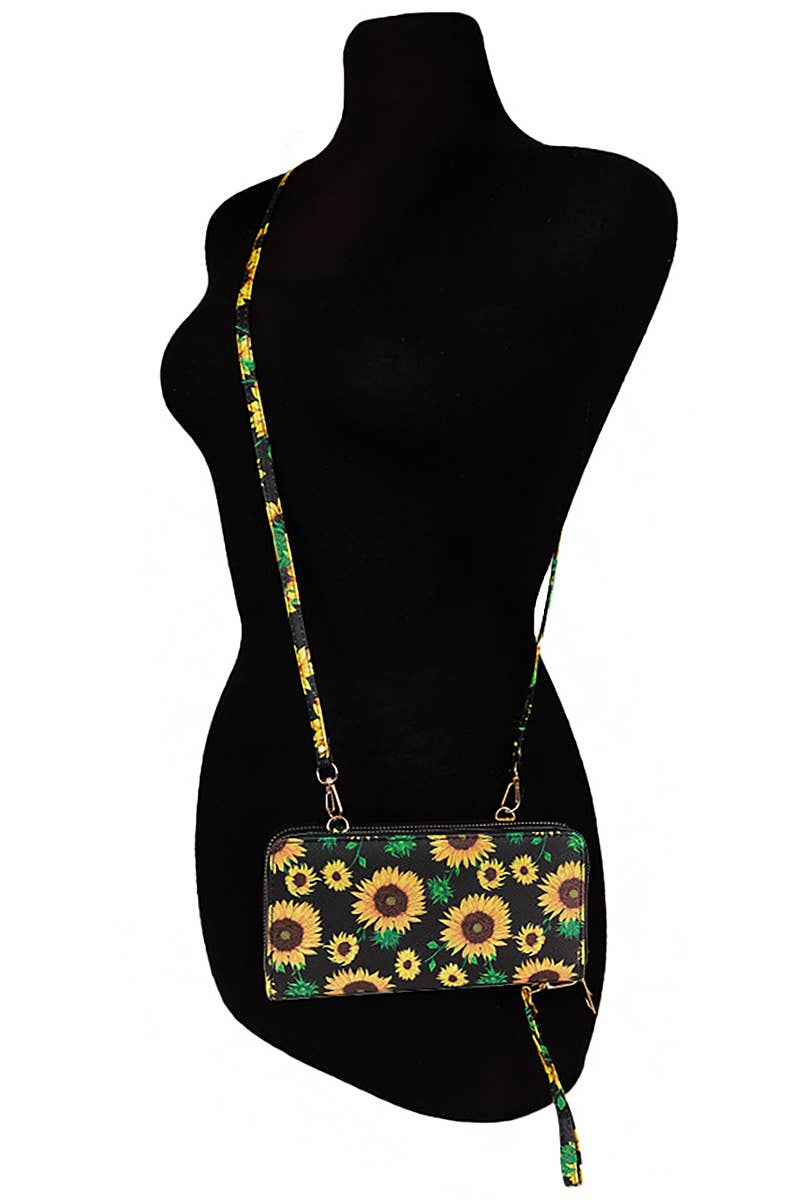 Sunflower Single Zipper Crossbody Strap Continental Wallet