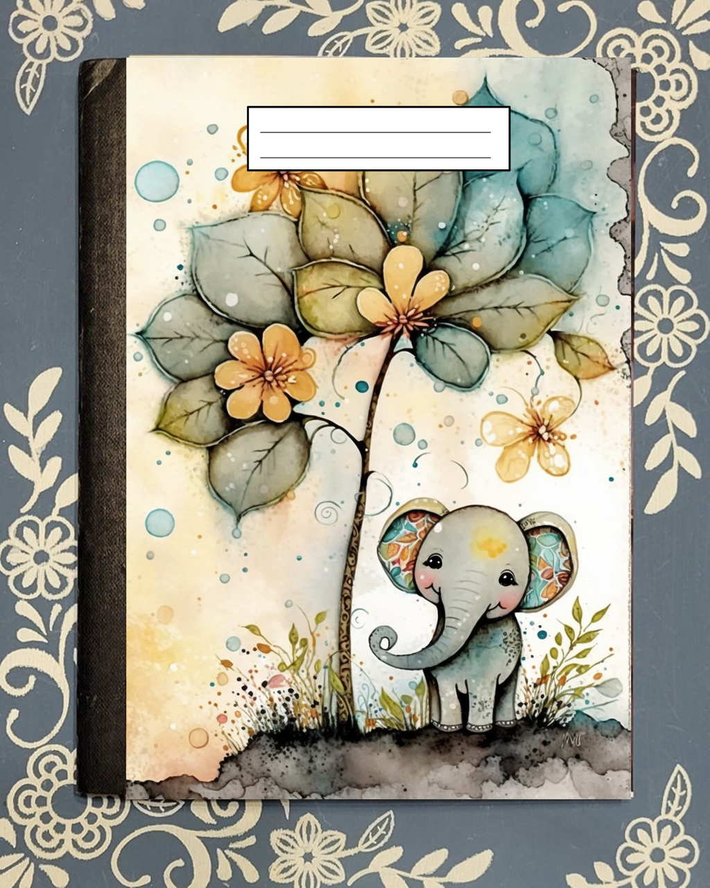 Cute Baby Elephant under a Tree, Covered Notebook