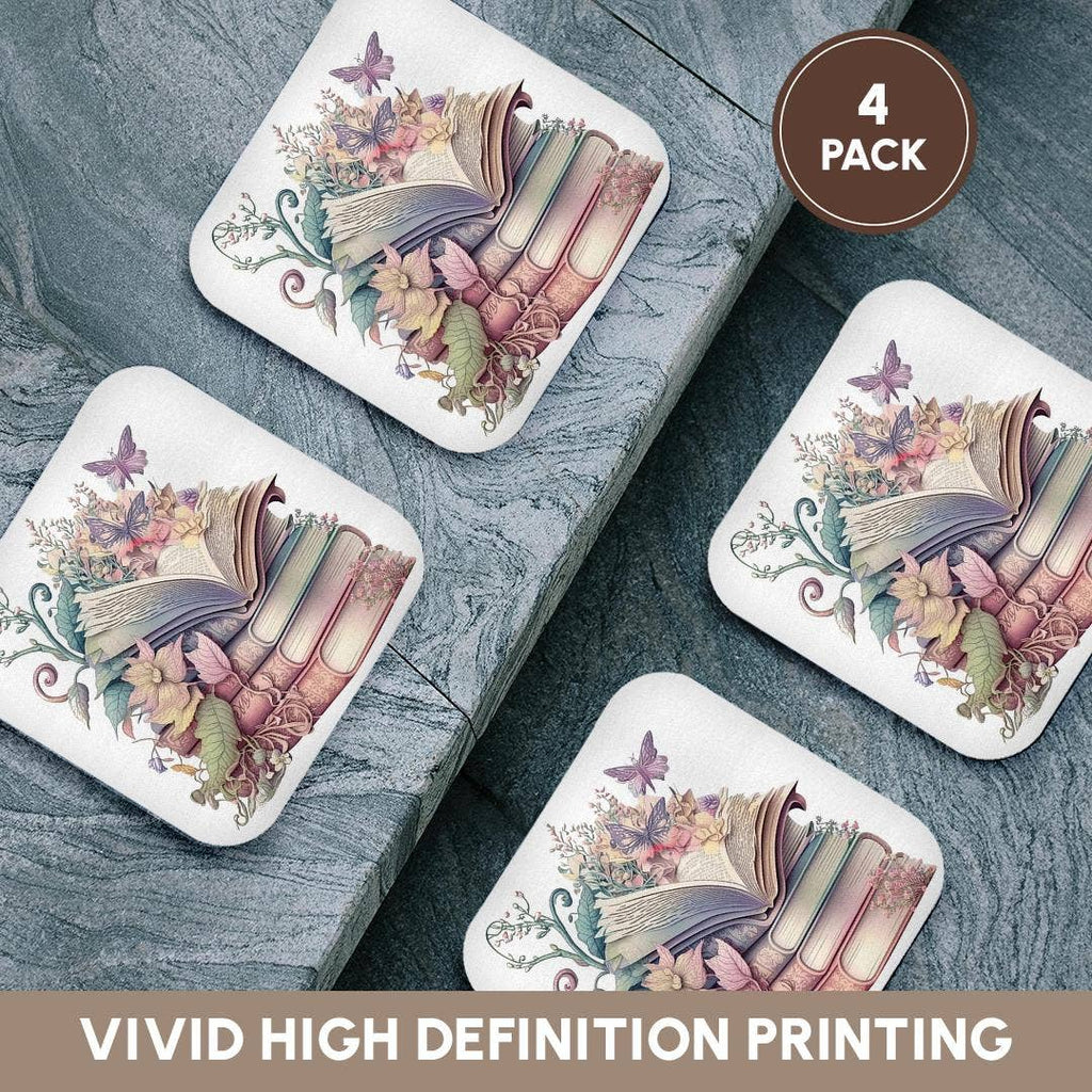 Pretty Floral Stack Of Books Illustration, Soft Coaster