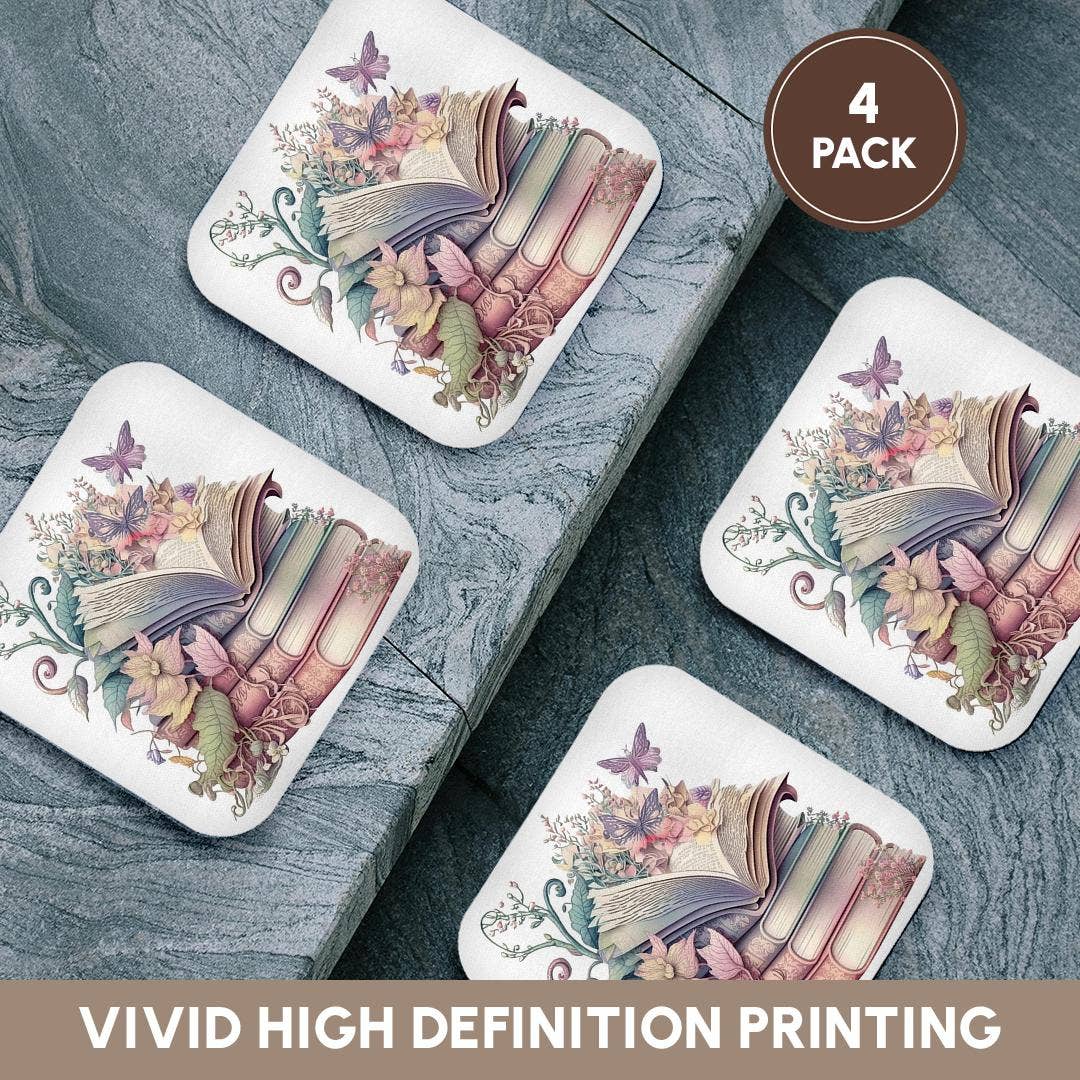 Pretty Floral Stack Of Books Illustration, Soft Coaster