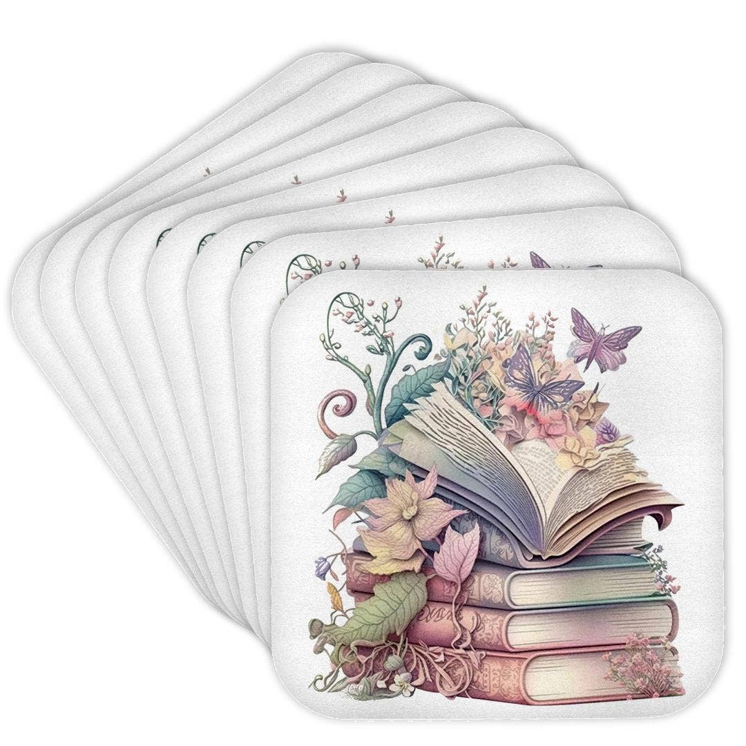 Pretty Floral Stack Of Books Illustration, Soft Coaster