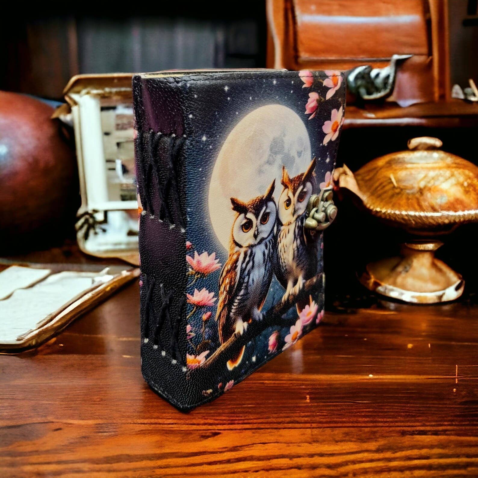 Two Owl Print - Leather Journal Blank Vintage Notebook