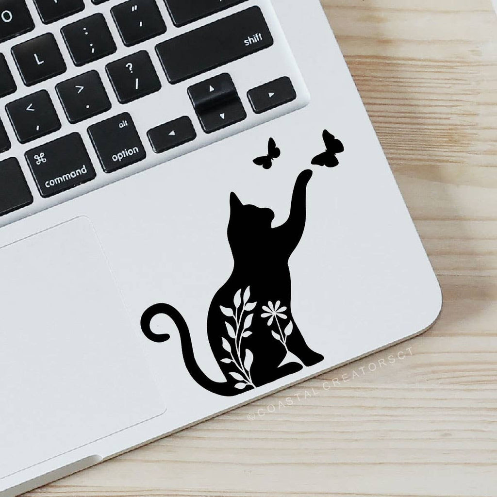 Cat Playing with Butterflies Black Vinyl Transfer Sticker