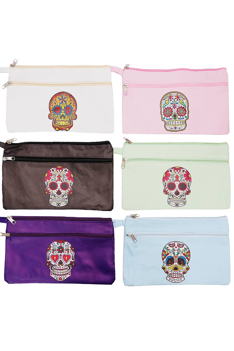 Sugar Skull Double Zip PU Clutch Bag Wristlet