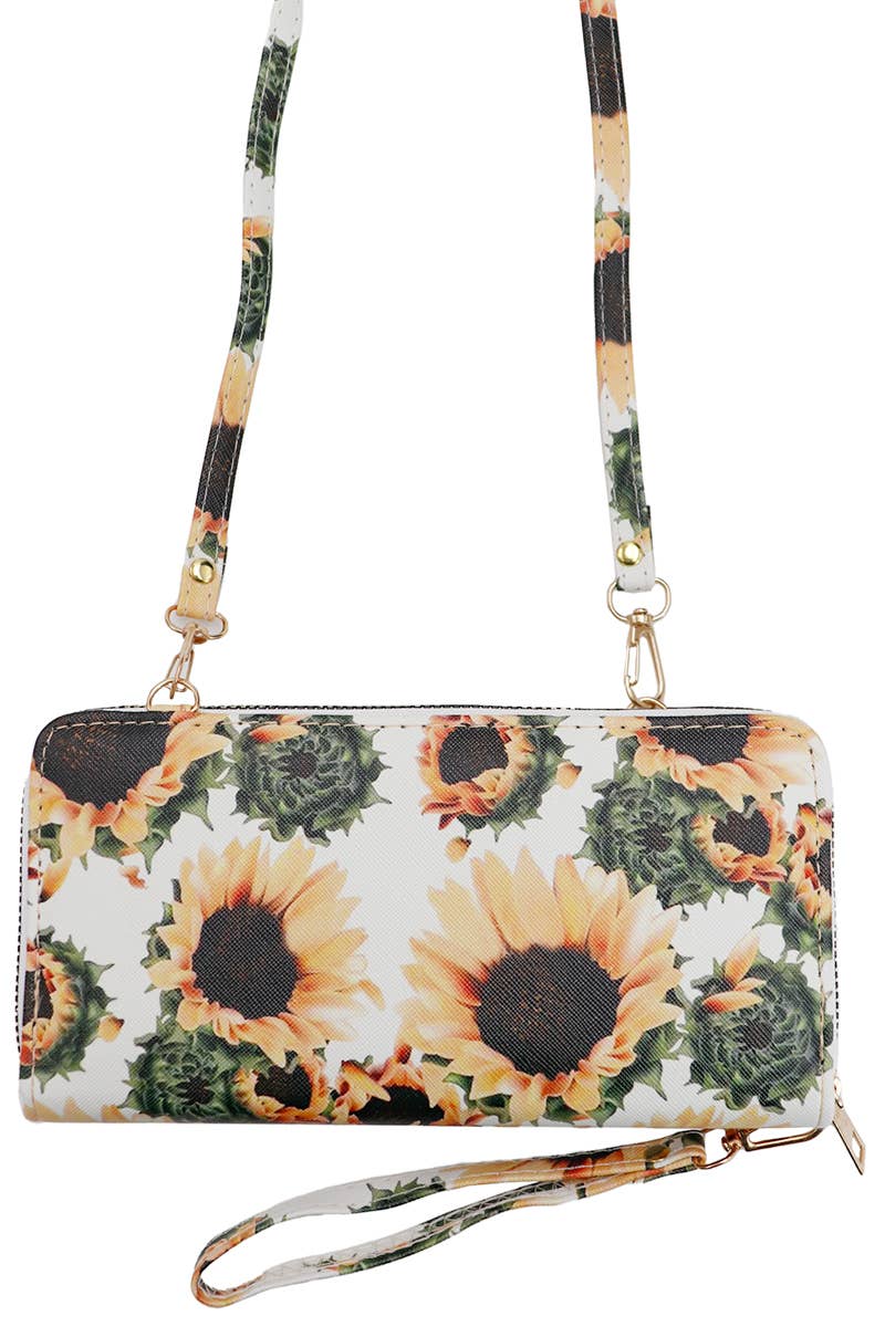 Sunflower Single Zipper Crossbody Strap Continental Wallet