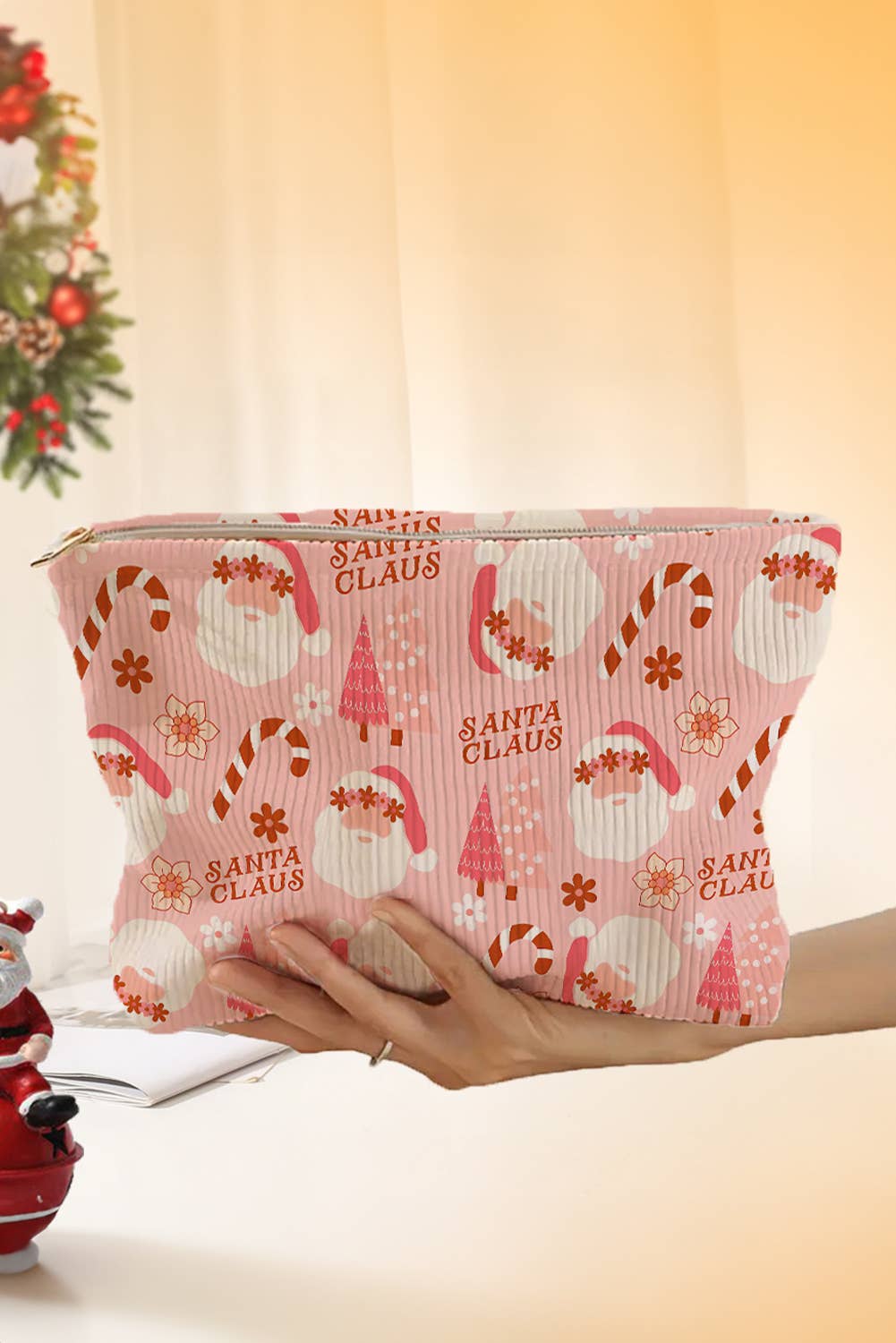 Christmas, Santa Corduroy Zip Up Cosmetic Bag