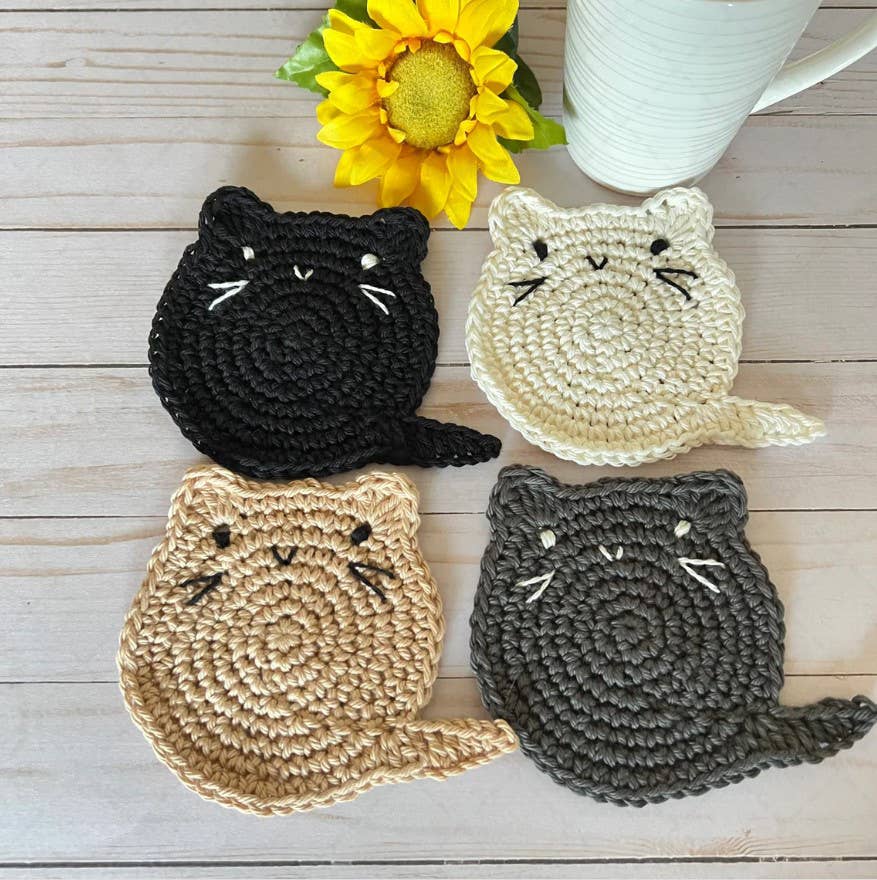 Crochet Fat Cat Coaster Set of 4, Cat Lover Gift, Home Decor