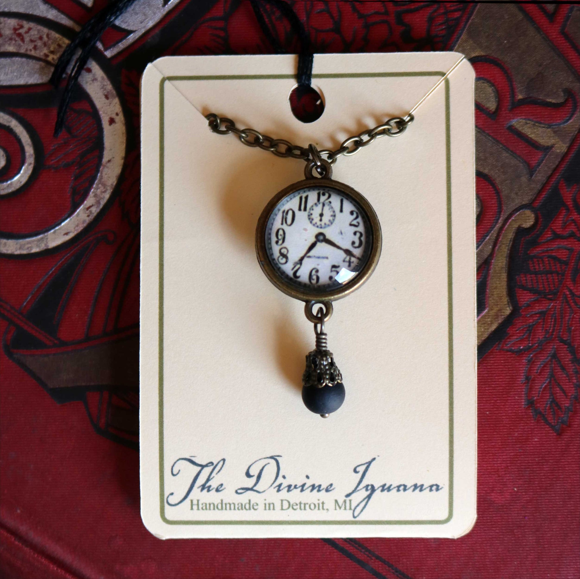 Edwardian Clock Steampunk Pendant Necklace w/Bead