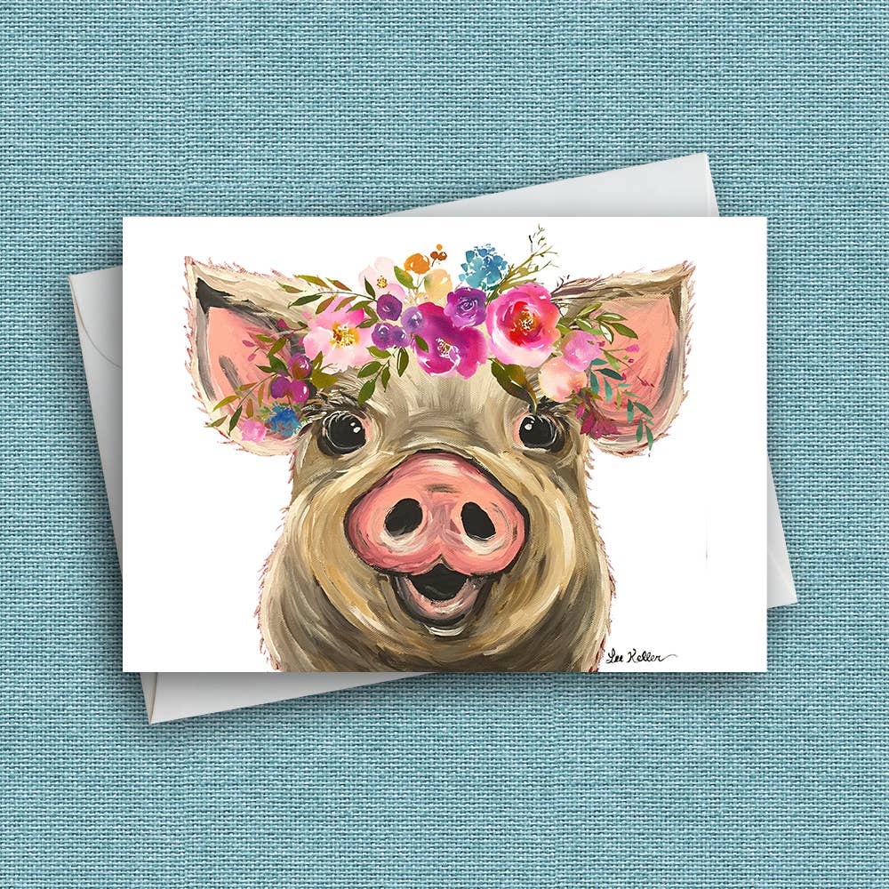 Bright Blooms Pig Card 'Posey', Cute Pig Card
