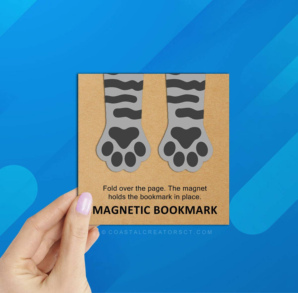 2-Pack Cat Paws Grey Striped Magnetic Bookmarks (Packaged)