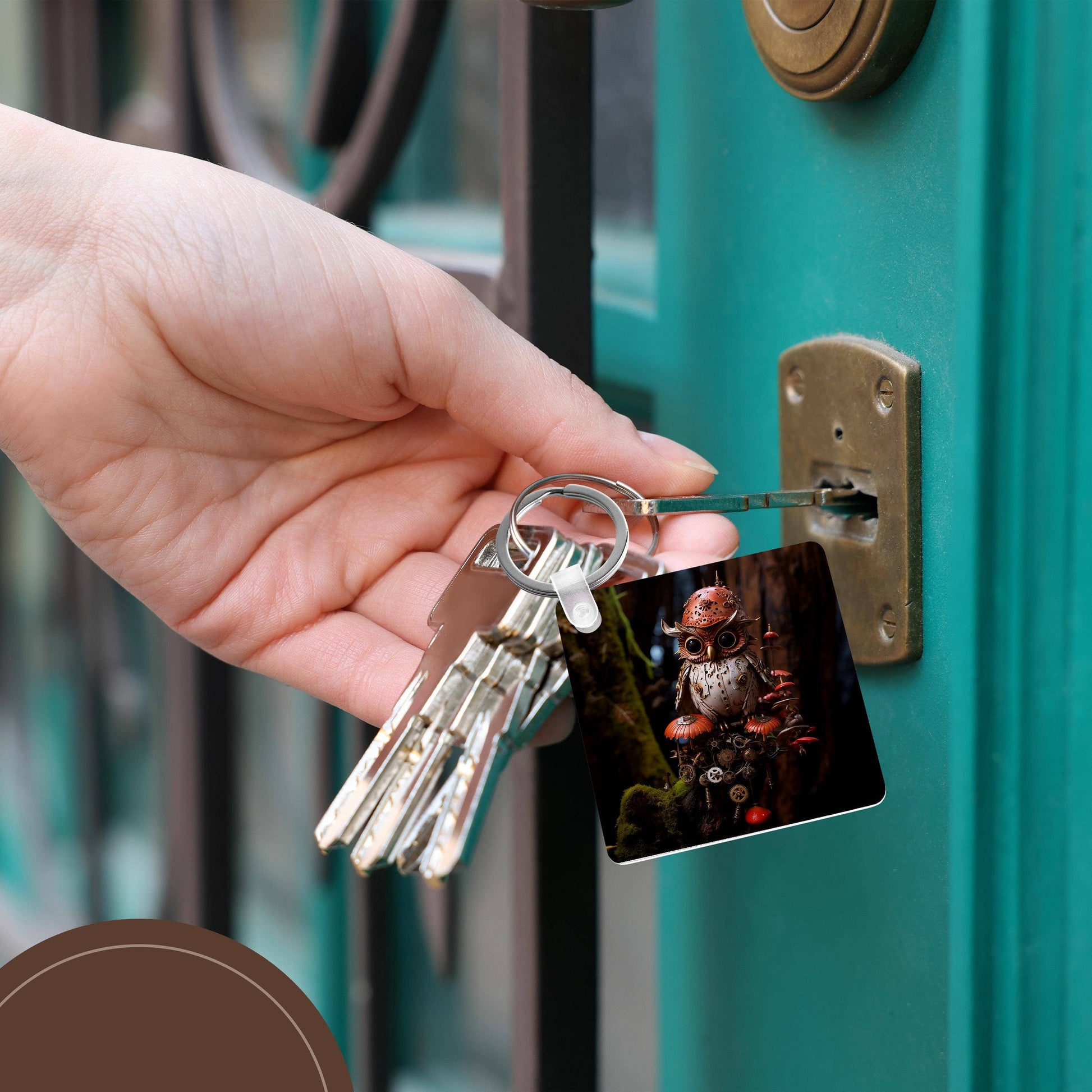 Steampunk owl sculpture with gears, mechanical parts, and glowing eyes, Keychain