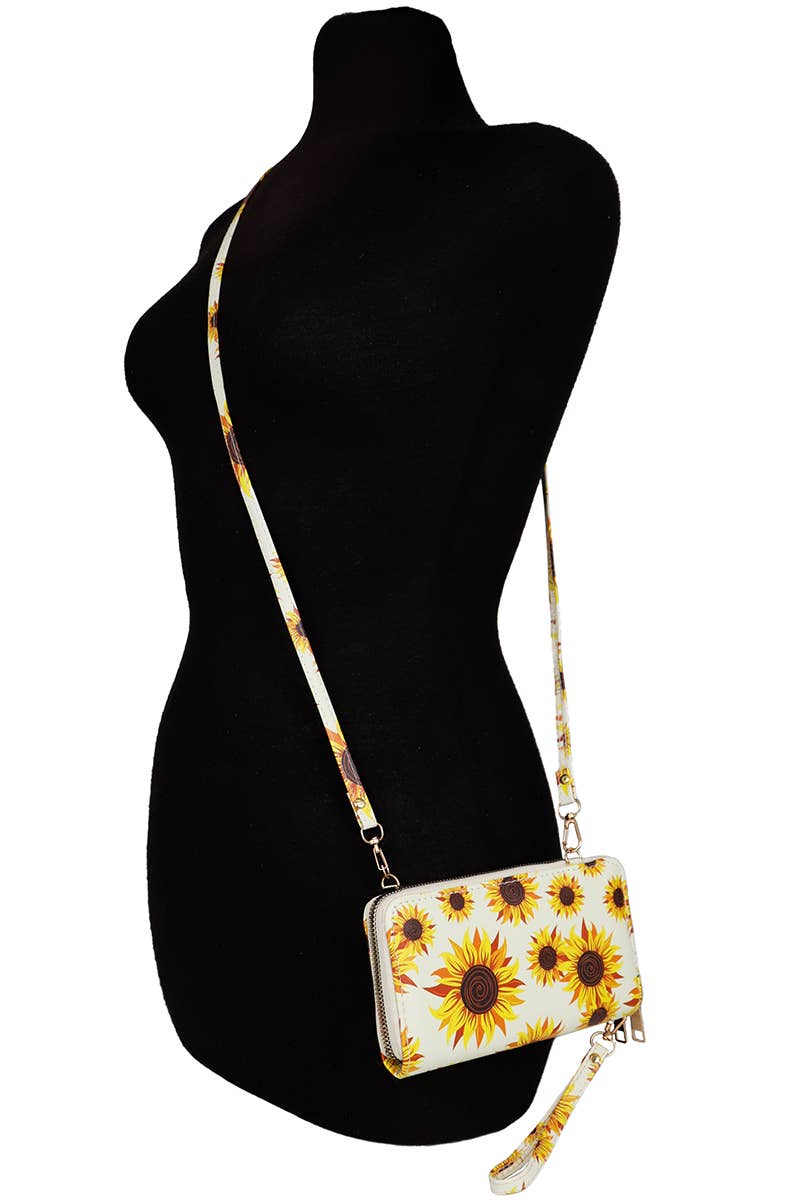Sunflower Single Zipper Crossbody Strap Continental Wallet