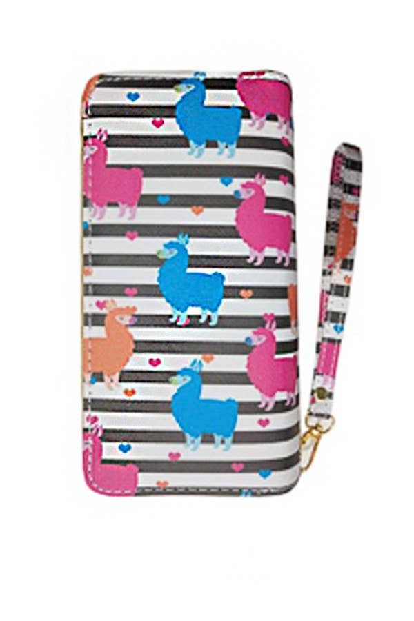 Colorful Stripe Llama Print Double Zipper Wristlet Wallet