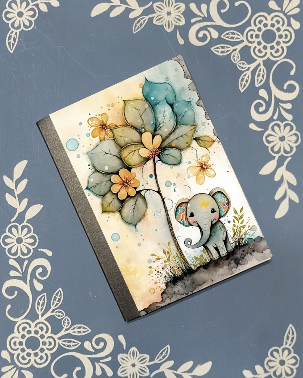 Cute Baby Elephant under a Tree, Covered Notebook