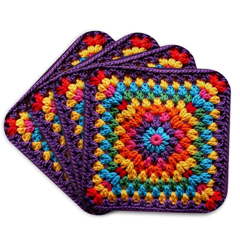 Granny Square Crochet Pattern Purple Edged Seventies Retro Pattern , Soft Coaster