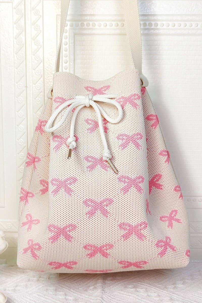 ._ SI-26484 Coquette Ribbon Pattern Crossbody Bucket Bag