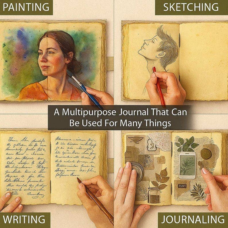 Leather Journal Blank Vintage Notebook with Moon Print  