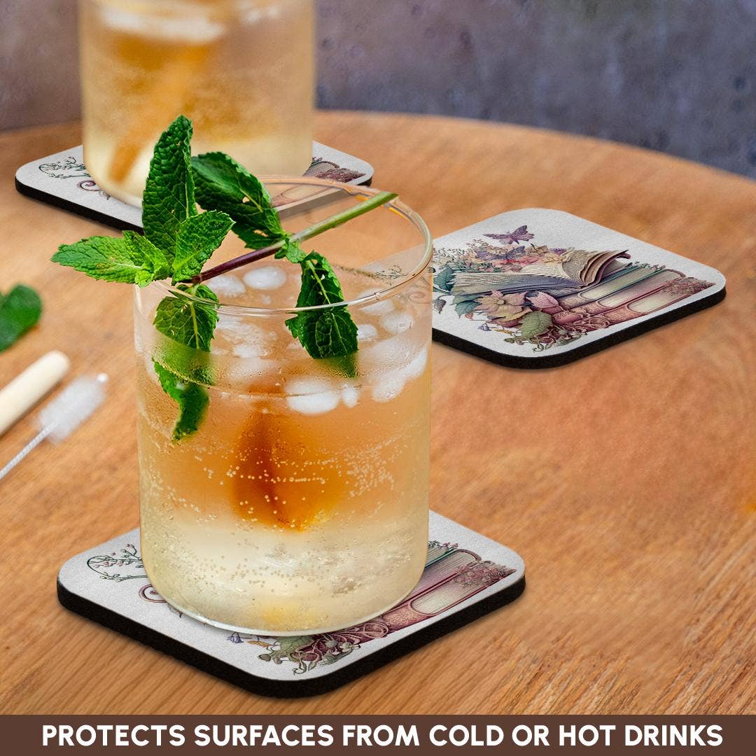 Pretty Floral Stack Of Books Illustration, Soft Coaster