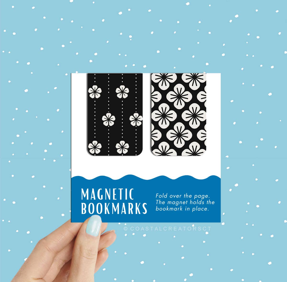 2-Pack Black/White Flowers Magnetic Bookmarks (Packaged)