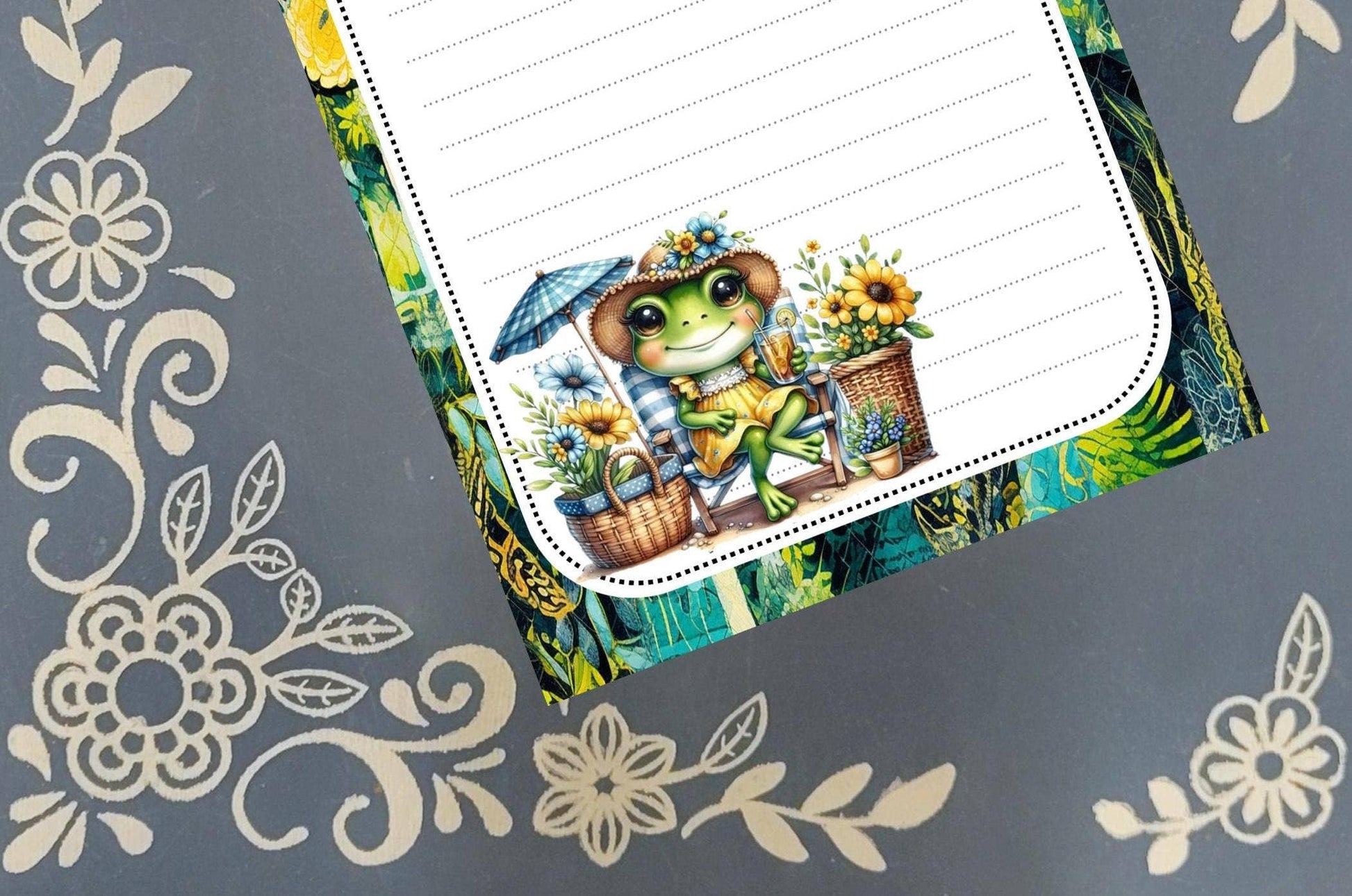 Notepad Frog under Umbrella with Flowers Stationery