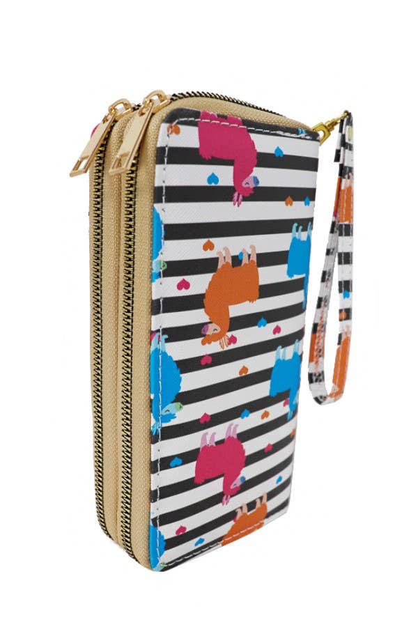 Colorful Stripe Llama Print Double Zipper Wristlet Wallet