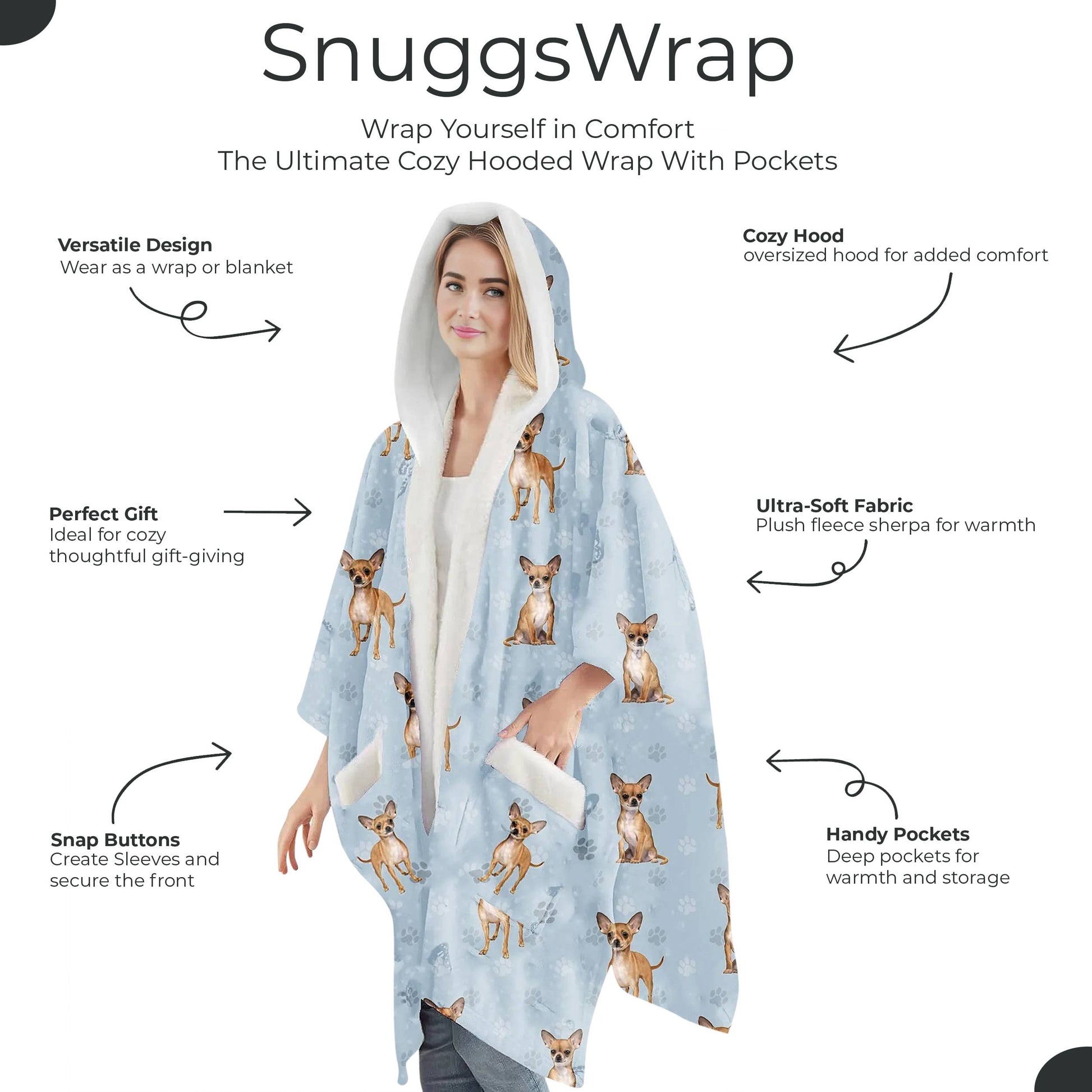 Chihuahua Snugg Wraps with Hoodie – Ultra Soft Sherpa Fleece Wrap for Pet Lovers