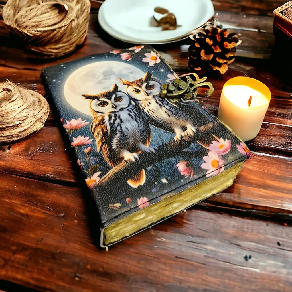 Two Owl Print - Leather Journal Blank Vintage Notebook