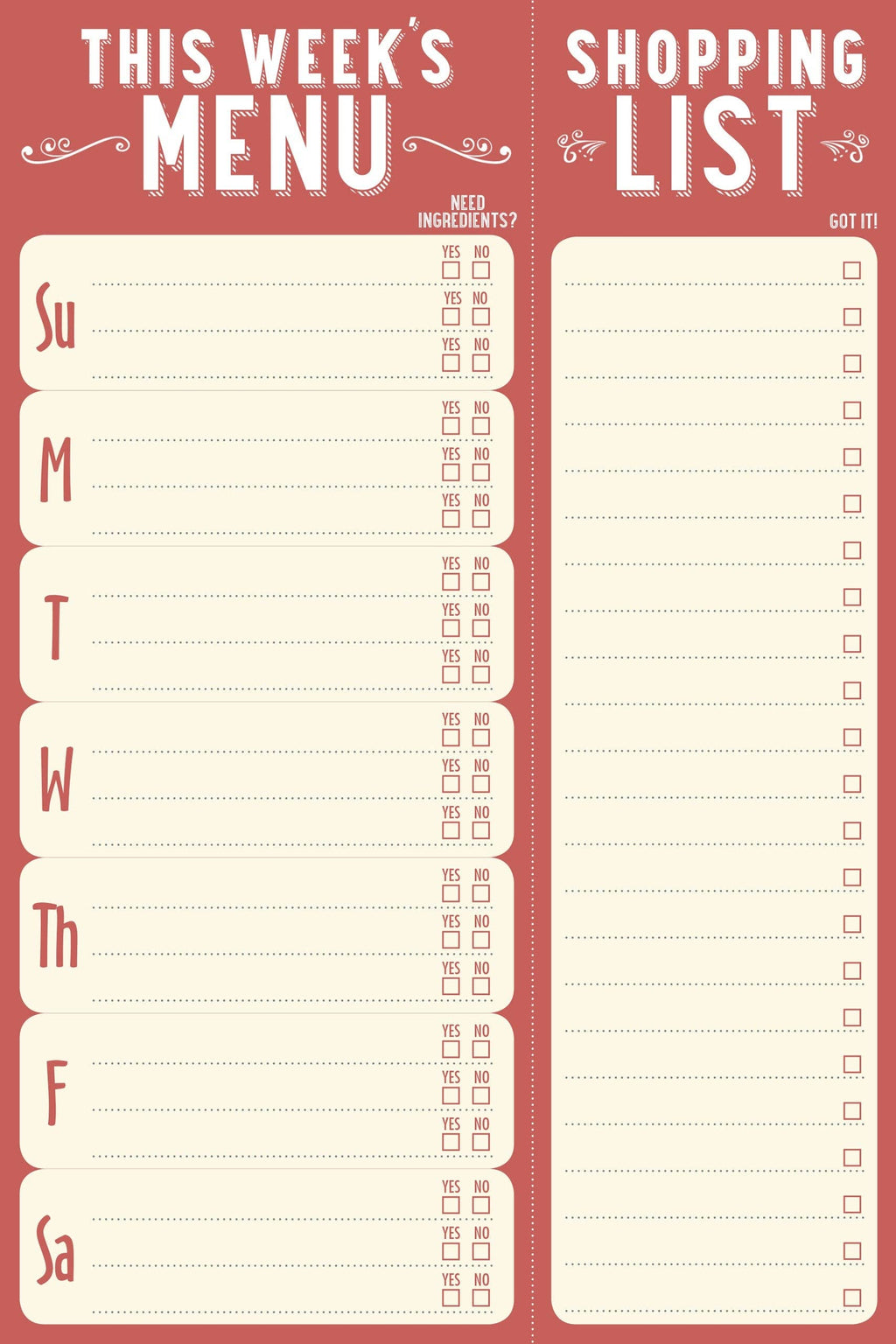 This Week's Menu Note Pad