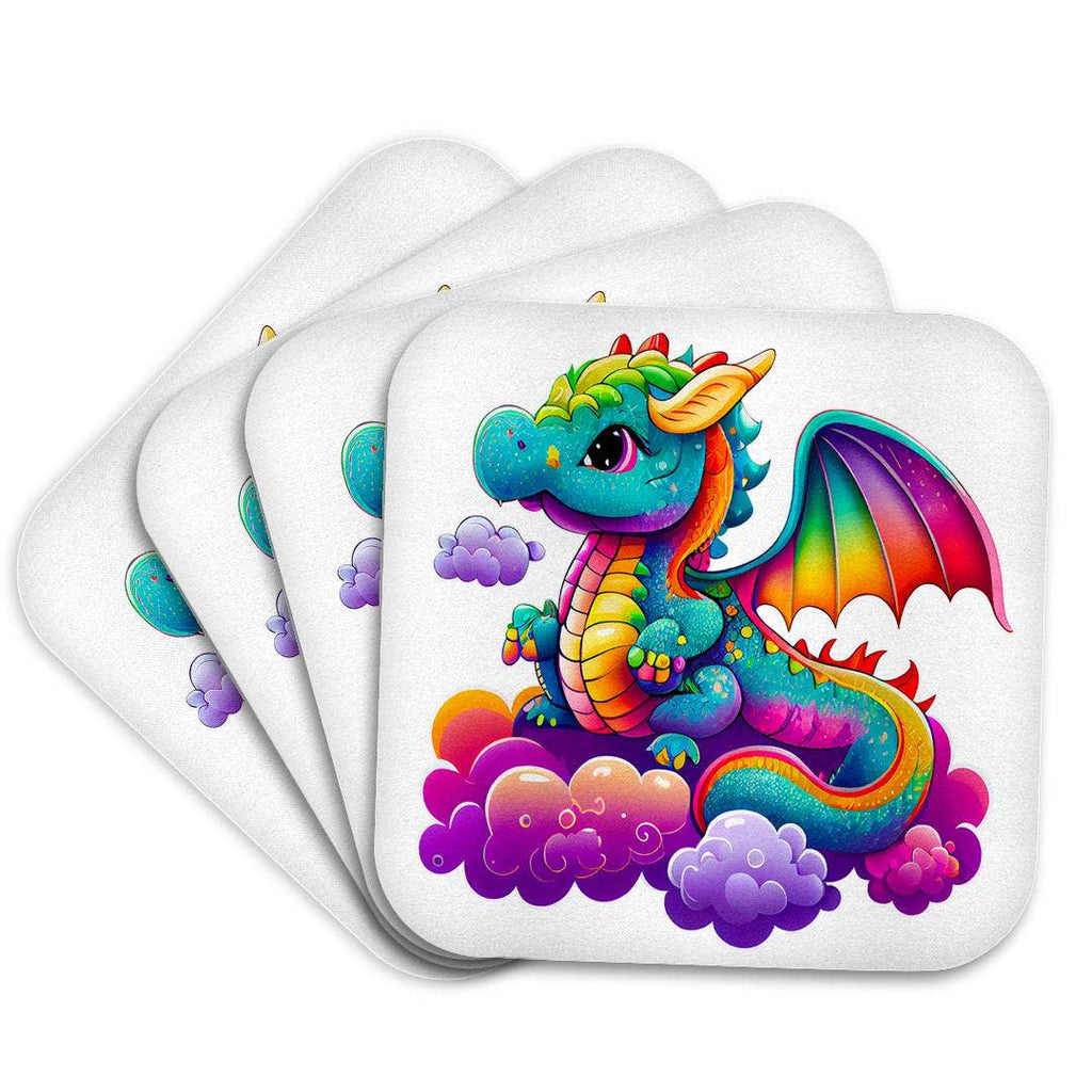 Cute Rainbow Colored Dragon On A Cloud Illustration, Soft Coaster