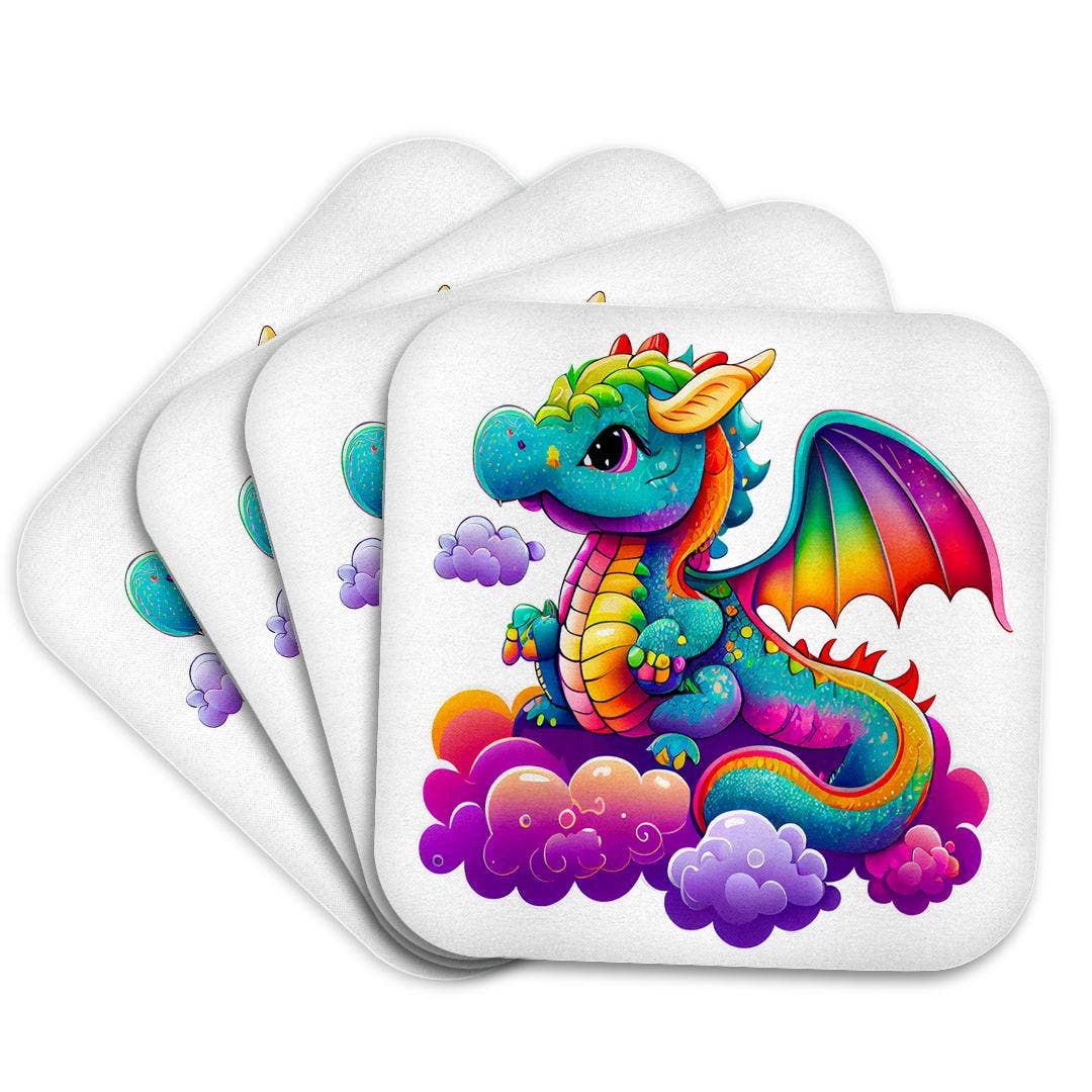Cute Rainbow Colored Dragon On A Cloud Illustration, Soft Coaster