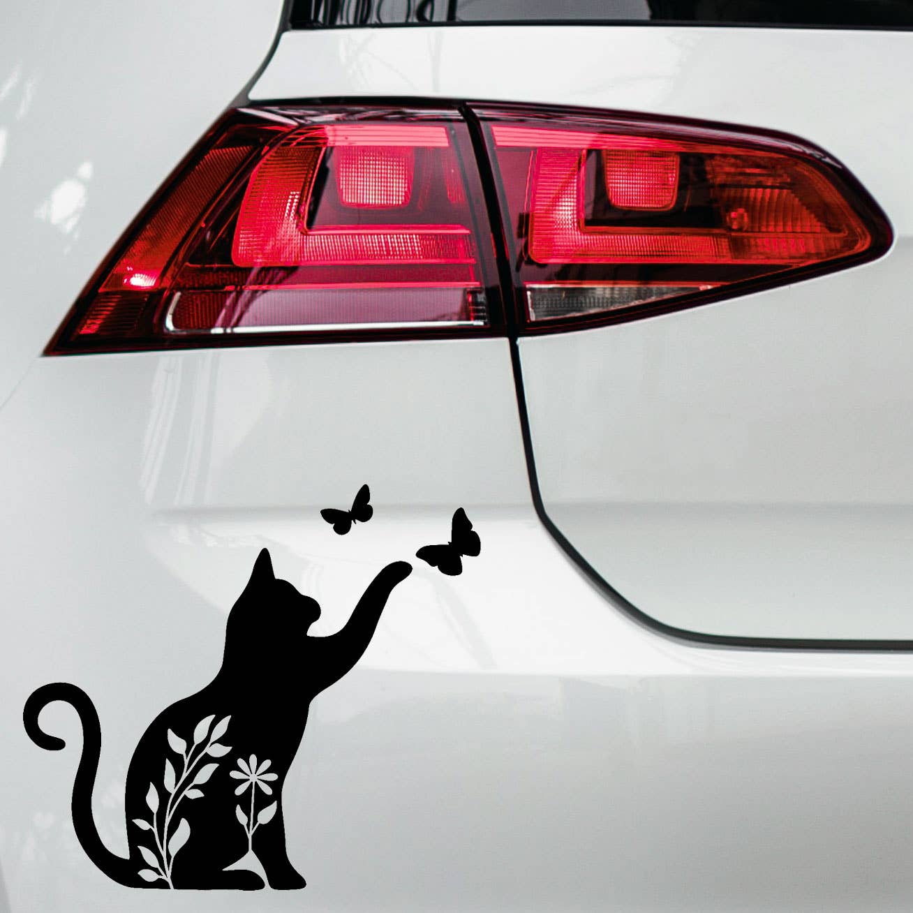 Cat Playing with Butterflies Black Vinyl Transfer Sticker