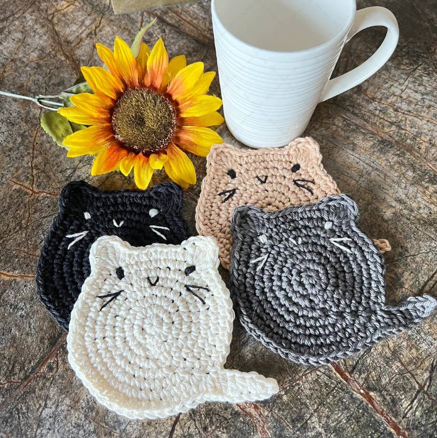Crochet Fat Cat Coaster Set of 4, Cat Lover Gift, Home Decor