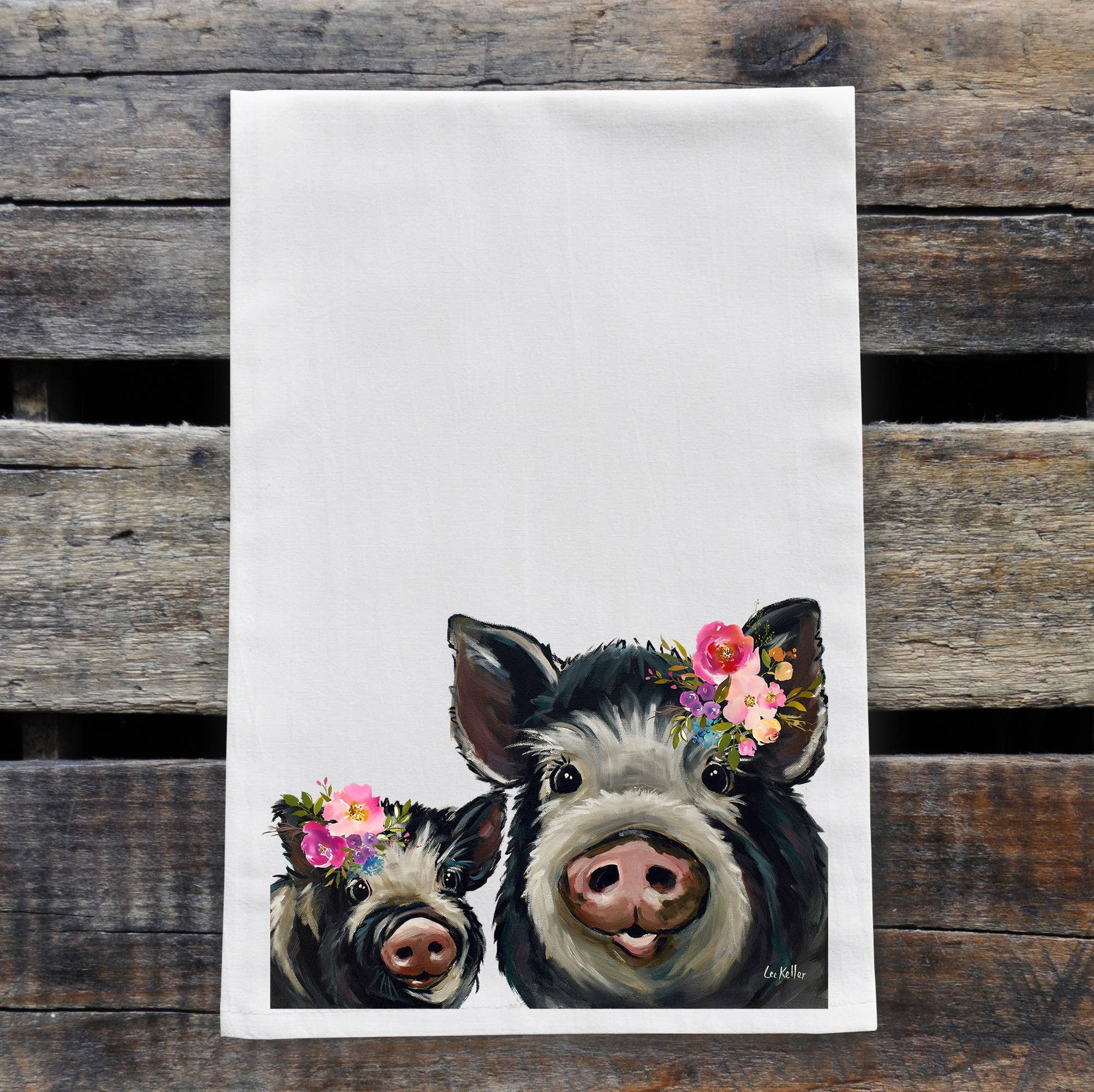 Bright Blooms Mom and Baby Pig Tea Towel, Cute Farm Towel