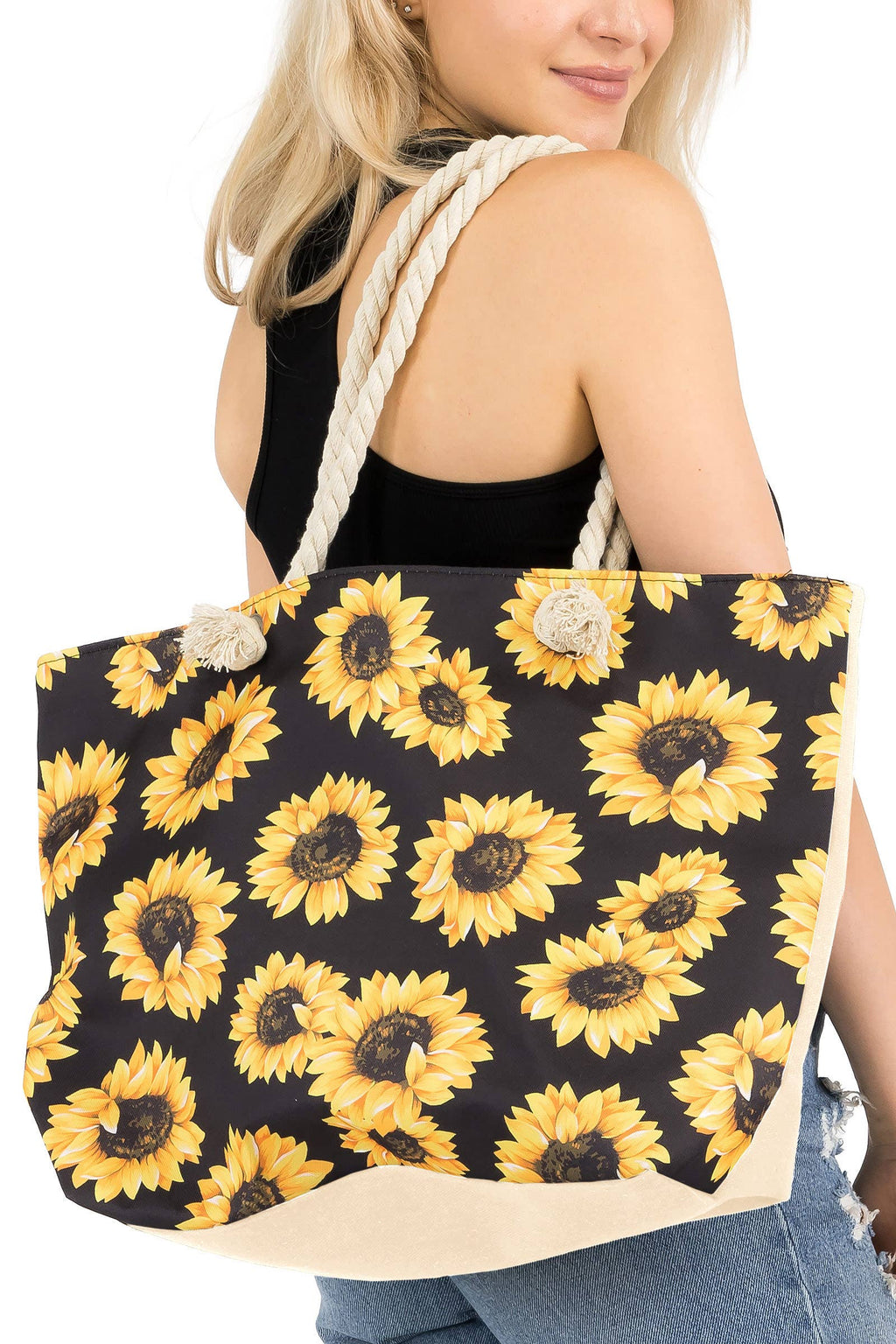 Sunflower Zippered Rope Handle Canvas Tote Bag
