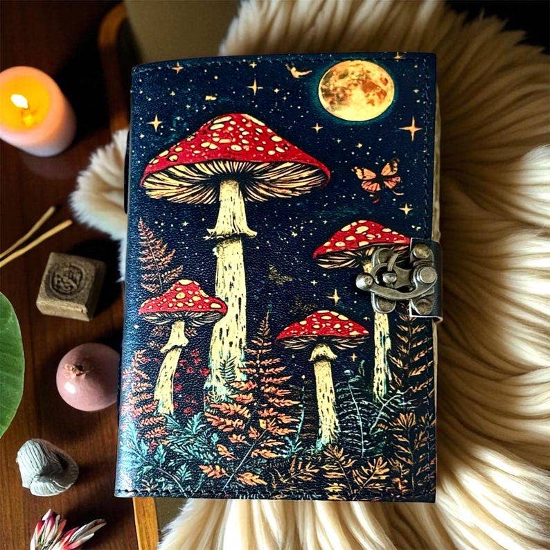 Leather Journal Grimoire Vintage Mushroom Notebook Handmade