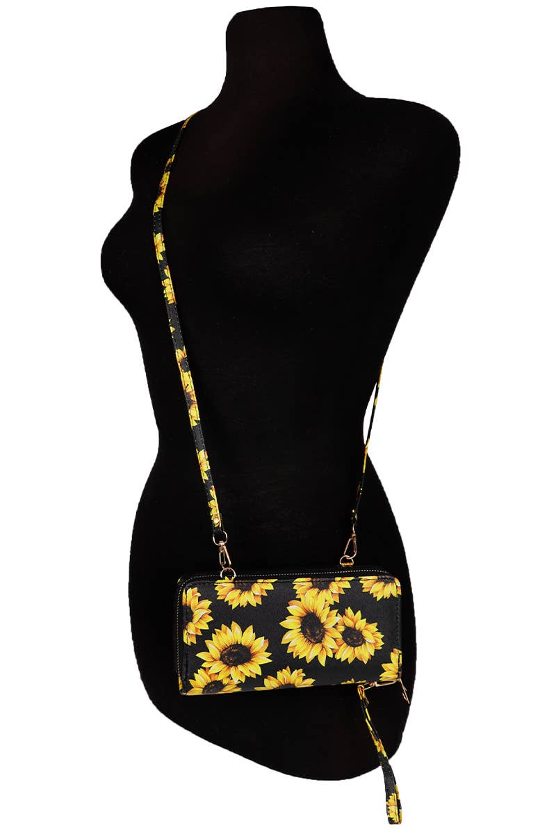 Sunflower Single Zipper Crossbody Strap Continental Wallet
