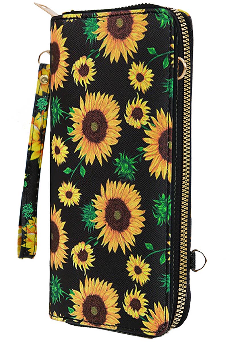 Sunflower Single Zipper Crossbody Strap Continental Wallet
