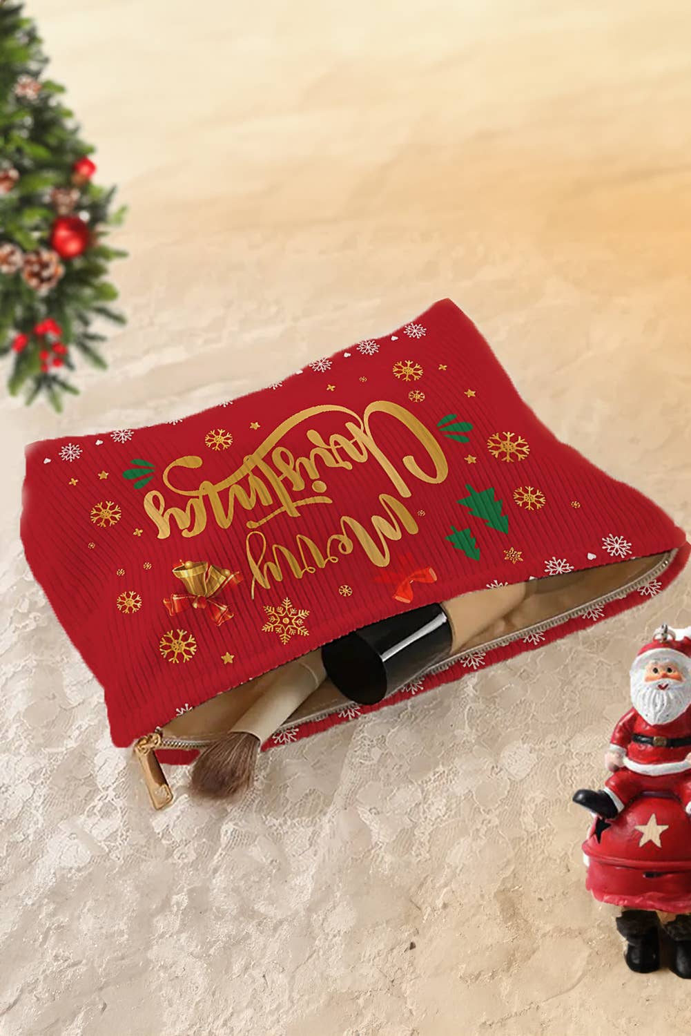 Christmas, Santa Corduroy Zip Up Cosmetic Bag