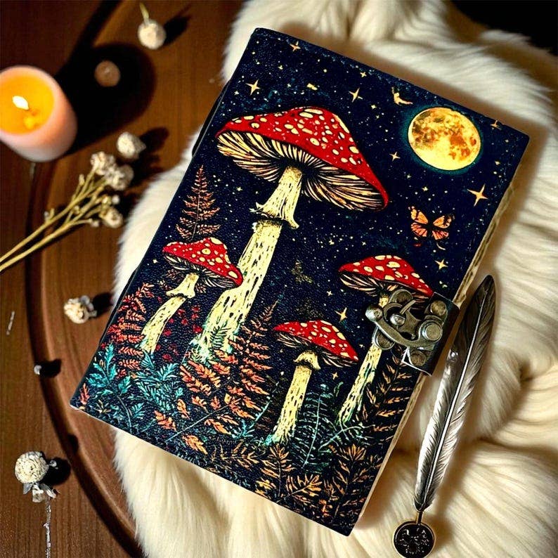 Leather Journal Grimoire Vintage Mushroom Notebook Handmade